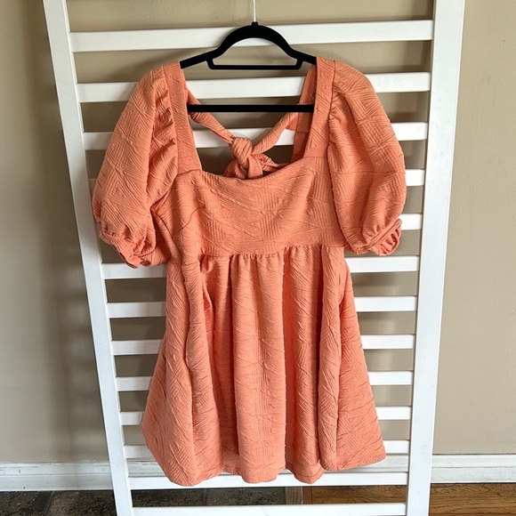 Free People Violet Grapefruit Texture Square Neck Balloon Sleeve Mini Dress Med - Picture 3 of 16